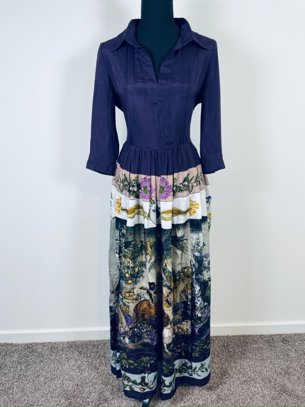 CONTROFIGURA Vintage Italy 100% Silk Purple Scenic Print Maxi Dress XS